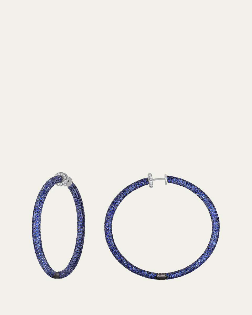 ​18K White Gold Blue Sapphire and Diamond Tube Hoop Earrings